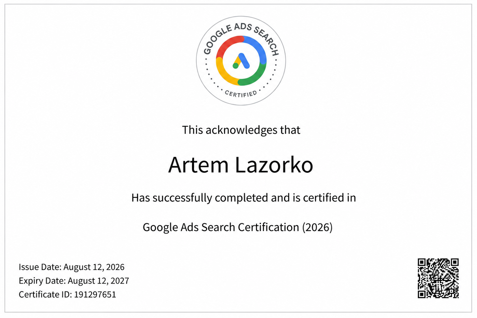 Сертифікат Google Ads Search Certification 2026 на ім’я Artem Lazorko