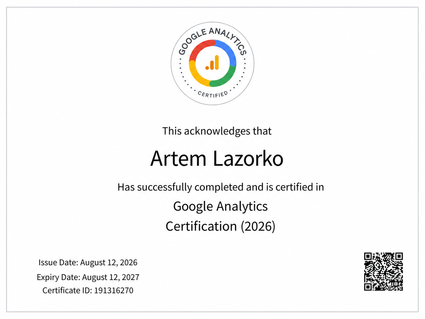 Сертифікат Google Analytics Certification 2026 на ім’я Artem Lazorko